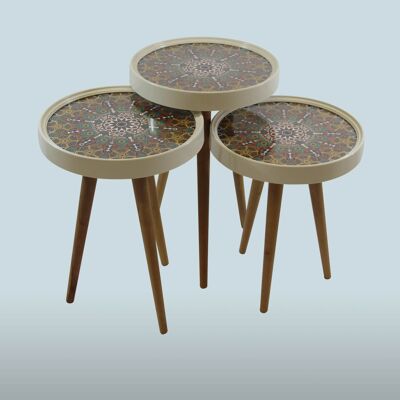 Side table Dantel2 set of 3 3D with glass round beige CM11
