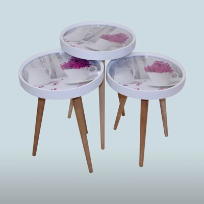 Side table coffee set of 3 3D with glass round white