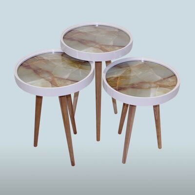 Set di 3 Tavolini Marble1 3D con Vetro Rotondo Bianco CM04