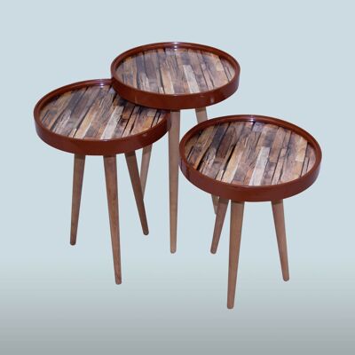 Side table parquet set of 3 3D with glass round brown
