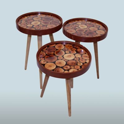 Set di 3 bauli da tavolino 3D con vetro rotondo marrone