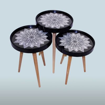 Set de 3 tables d'appoint fleurs étoiles 3D avec verre rond noir