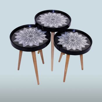 Set de 3 tables d'appoint fleurs étoiles 3D avec verre rond noir 1