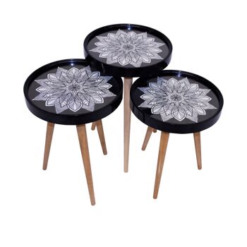 Set de 3 tables d'appoint fleurs étoiles 3D avec verre rond noir 4
