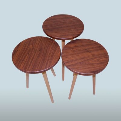 Side table set of 3 round lacquered brown