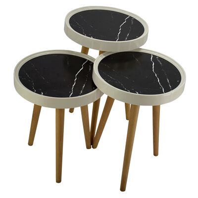 Side table set of 3 3D with glass round black white CM02