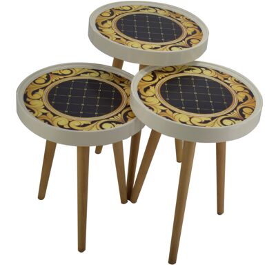 Side table set of 3 3D with glass round black white CM15