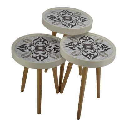 Side table set of 3 3D with glass round white black CM22