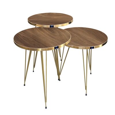 Set of 3 Side Tables Round Walnut Metal Feet EYGD01