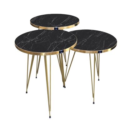 Side Table Set of 3 Round Marble Effect Black Metal Feet EYGD05 2120