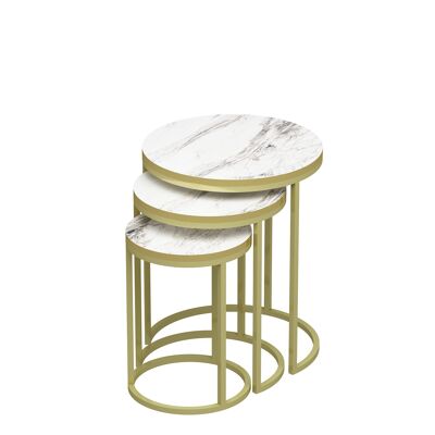 Set of 3 Side Tables Gold Marble Effect Metal Feet White Round 90178331