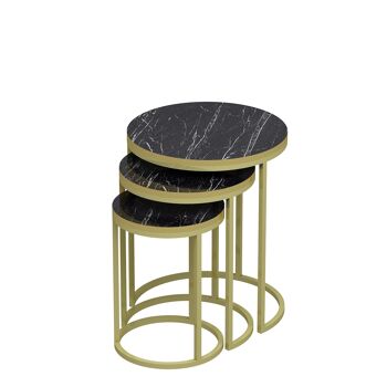 Set de 3 Tables d'Appoint Doré Effet Marbre Pieds Métal Noir Rond 90168324 1