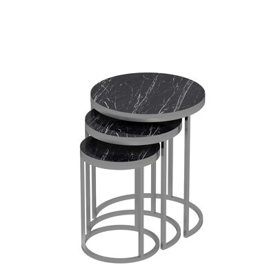 Side Table Set of 3 Silver Marble Effect Metal Feet Black Round 90188348