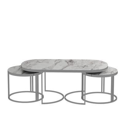 Set di 3 Tavolini da Caffè Argento Effetto Marmo Piedini in Metallo Bianco Ovale 90118287