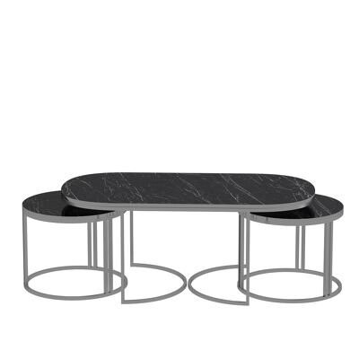 Set of 3 Coffee Tables Silver Marble Effect Metal Feet Black Oval 90108294