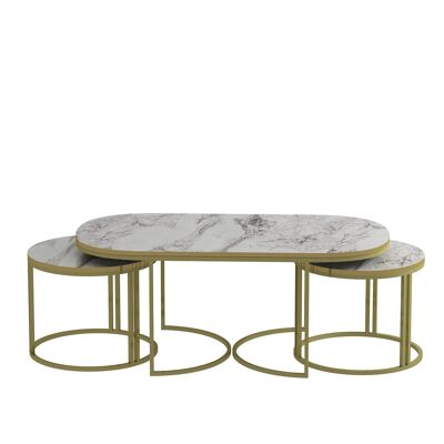 Set di 3 Tavolini da Caffè Oro Effetto Marmo Piedini in Metallo Bianco Ovale 90098300