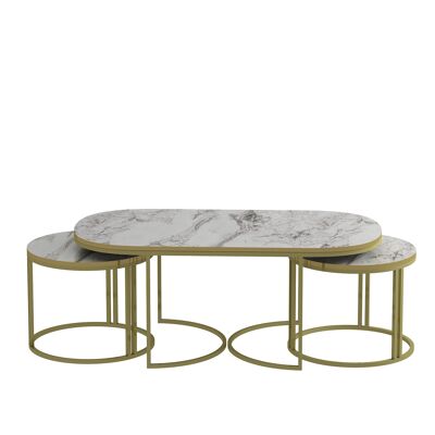 Couchtisch 3er Set Gold Metallfüße in Marmoroptik Weiß Oval 90098300