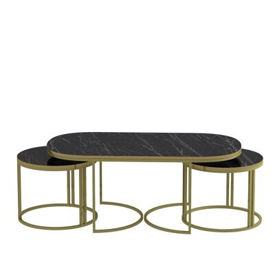 Set of 3 Coffee Tables Gold Marble Effect Metal Feet Black Oval 90088317