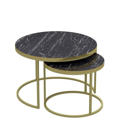 Set di 2 Tavolini da Caffè Oro Effetto Marmo Gambe in Metallo Nero Rotondo 90328362