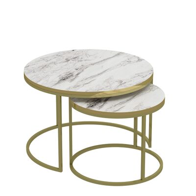 Set de 2 Tables Basses Pieds Métal Effet Marbre Doré Blanc Rond 90338379