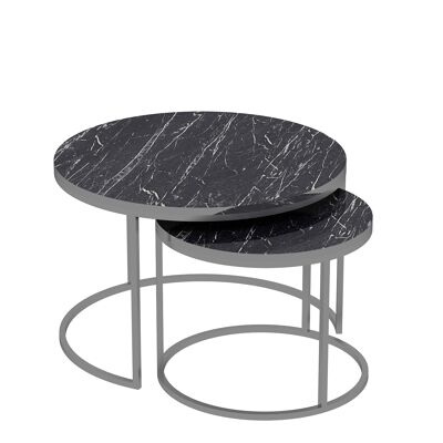 Set of 2 Coffee Tables Silver Marble Effect Metal Legs Black Round 90348386