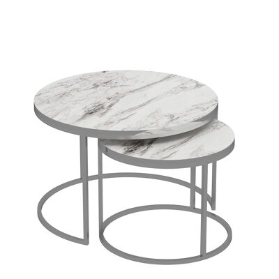 Set of 2 Coffee Tables Silver Marble Effect Metal Legs White Round 90358393