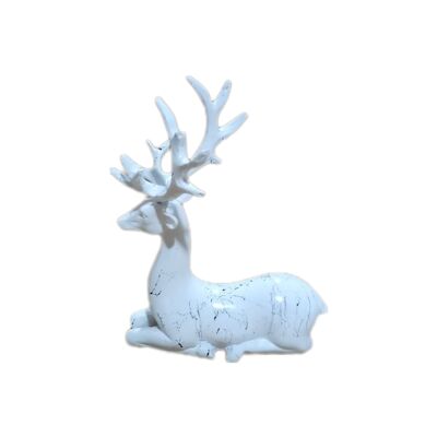 Sculpture Cerf Assis Effet Marbre Blanc