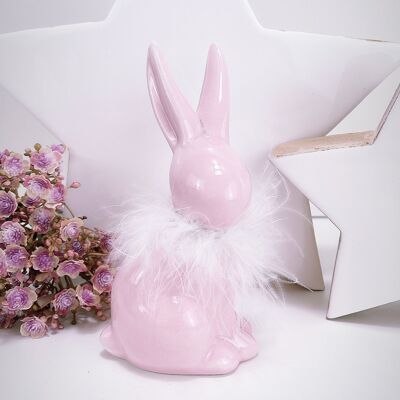 Lapin pelucheux en céramique - Rose