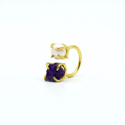 Women's rings, golden Pearl and Amethyst, adjustable. Summer fashion