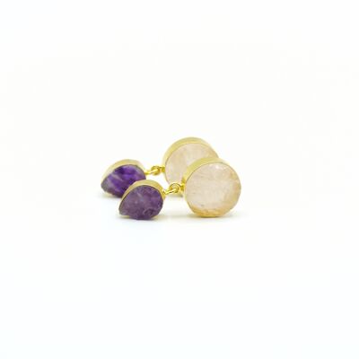 Golden women's earrings with stones: Rose quartz and amethyst.   Jewelry, fashion.   Spring.   Hand made.   Weddings, guests.