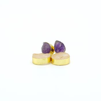 Boucles d'oreilles femme dorées avec pierres : Quartz rose et améthyste. Bijoux, mode. Printemps. Fabriqué main. Mariages, invités. 3