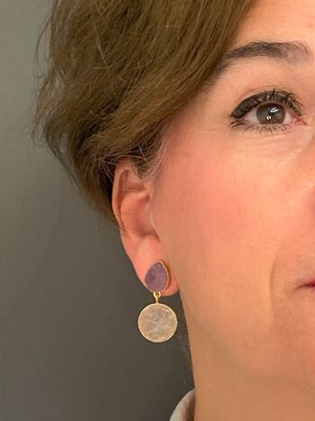 Boucles d'oreilles femme dorées avec pierres : Quartz rose et améthyste. Bijoux, mode. Printemps. Fabriqué main. Mariages, invités. 2