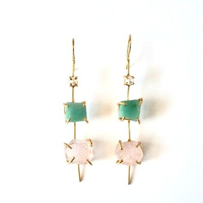 Long Quartz-Amazonite earrings.   Golden.   Weddings, guests.   Spring.   Hand made.