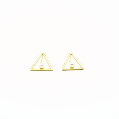 Golden women's earrings. Triangle, Pearl. Imitation jewelry.