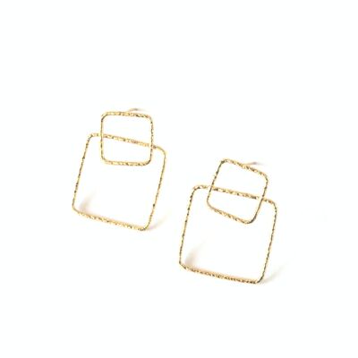 Large double square gold earrings.   Golden.  	Weddings, guests.   Hand made.