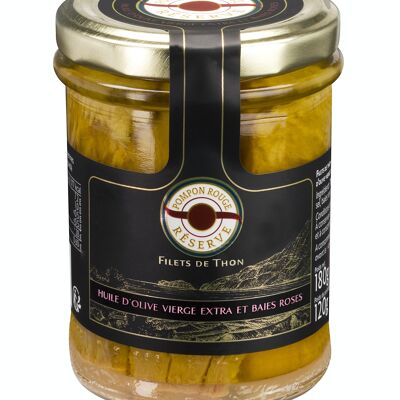 Thunfischfilets in nativem Olivenöl extra und rosa Pfefferkörnern
