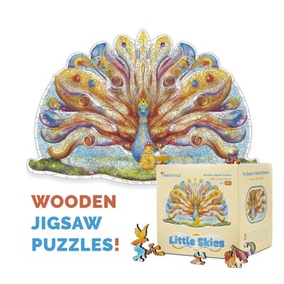 Puzzle in legno a forma di animale con una storia - a tema pavone - grande 280 pezzi 50x33 cm