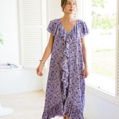 Bohemian print long dress with V-neck