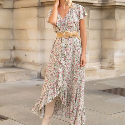 Bohemian print long dress with V-neck