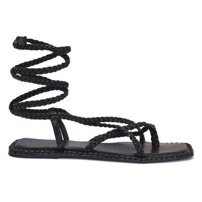 TIE UP PLAITED STRAP SANDAL - BLACK/PU/SYNTHETIC