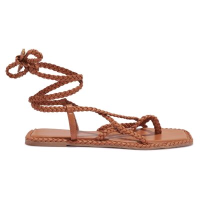 TIE UP PLAITED STRAP SANDAL - TAN/PU/SYNTHETIC