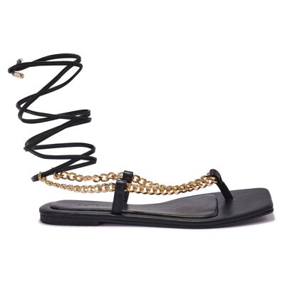 CHAIN DETAIL WRAP AROUND WIDE SQUARE TOE FLAT SANDAL - BLACK/PU/SYNTHETIC