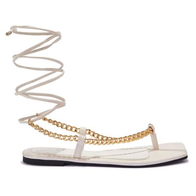 CHAIN DETAIL WRAP AROUND WIDE SQUARE TOE FLAT SANDAL - NUDE/PU/SYNTHETIC