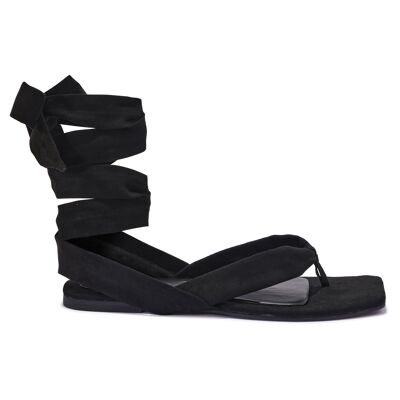 WRAP AROUND WIDE SQUARE TOE FLAT SANDAL - BLACK/MICROFIBRE/SYNTHETIC