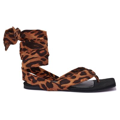 WRAP AROUND WIDE SQUARE TOE FLAT SANDAL - LEOPARD/MICROFIBRE/SYNTHETIC