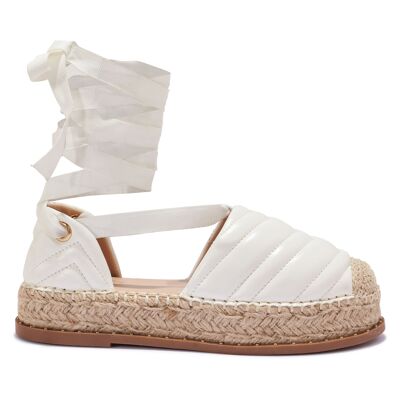 QUILTED WRAP AROUND ESPEDRILLE FLATFORM WITH STUD DETAIL - WHITE/PU/SYNTHETIC