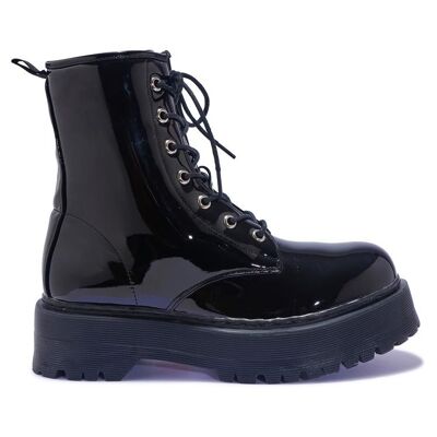 CHUNKY LACE UP BOOT - BLACK/PATENT/SYNTHETIC