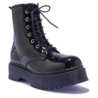 CHUNKY LACE UP BOOT - BLACK/CROC/MATT/PU/SYNTHETIC