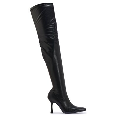 SQUARE TOE STILETTO OVER THE KNEE BOOT - BLACK/STRETCH/PU/SYNTHETIC