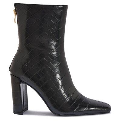 SQUARE TOE BLOCK HEEL PULL ON ANKLE BOOT - BLACK/CROC/PU/SYNTHETIC